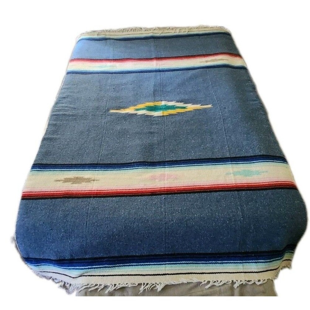 Vintage Mexican Handwoven Saltillo Serape Blanket Blue 54x80 Southwestern